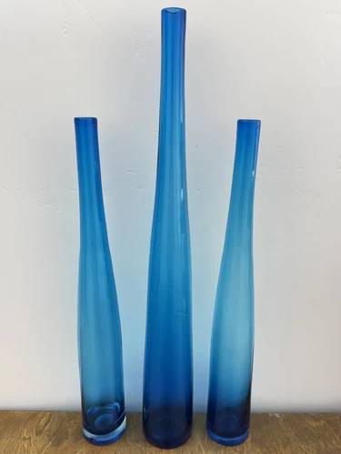 SET (3) Vintage Blenko Style Glass Blue Decanter Vase Tall Thin Skinny 23" & 29"