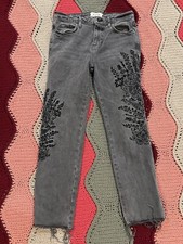 We the Free Jeans Women 26 Embroidered Floral Skinny Mid Rise Gray Raw Hem Crop