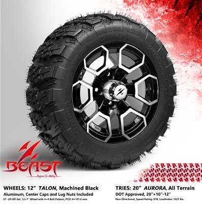 4x GOLF CART 12'' MACHINED 'TALON' WHEELS and 20'' AURORA HYBRID A/T DOT TIRES