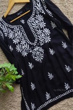 Handmade Black Chikankari Short kurta for Women, Indian Ethnic Cotton Blouse