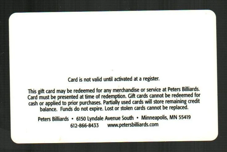 PETERS BILLIARDS Pool Balls Being Struck ( 2004 ) Sample Gift Card ( $0 ) - Image 2 of 2