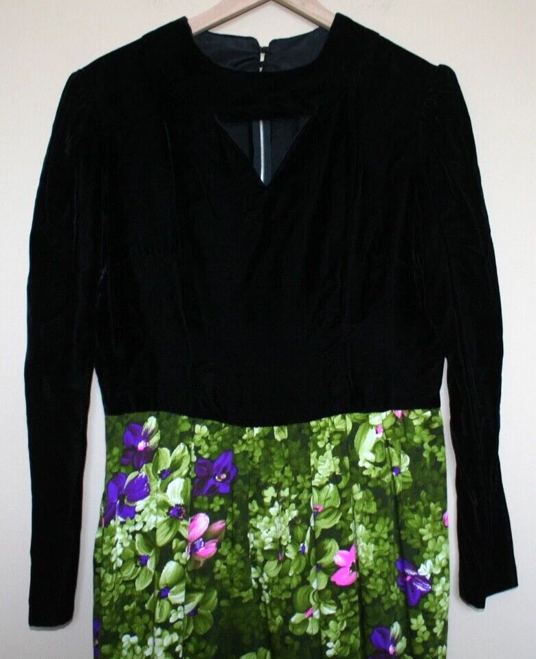 Maxi Vestido Vintage Mod Negro Terciopelo Verde Rosa Floral Grande 12 14 60s 70s Foto 3 de 4