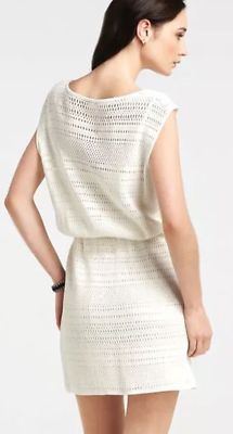 NWT Tibi Ivory Crochet Open Knit Dress Blouson Drop Waist Mod Mini Cream L  $338