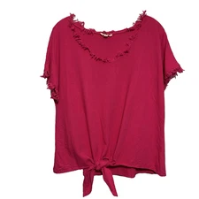 Umgee USA Top Women M Hot Pink Linen Blend Frayed V-Neck Front Tie Front Hem