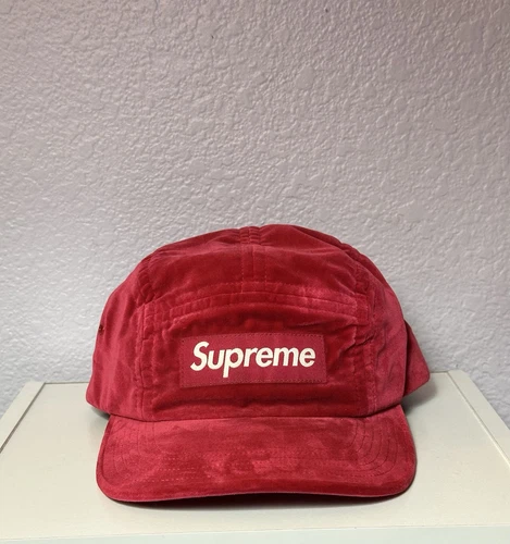 Casquette de camp Supreme 5 panneaux velours rouge logo boîte à bretelles Made in USA