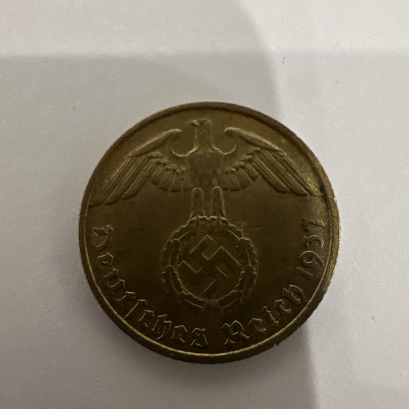 1937-D Germany 1 Reichspfennig Bronze Coin WWII Third Reich German Pfennig