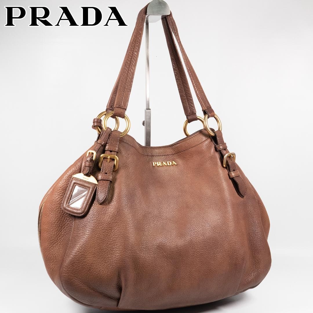 Prada Brown Leather Shoulder Bag with Storage Pouch Excellent Pre-Owned Condition