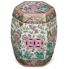 US SELLER - Famille Rose Peony Butterfly Hexagonal Asian Porcelain Garden Stool