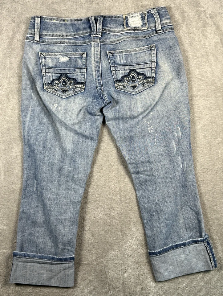 Jeans capri jeans cintura baixa quase famoso para mulheres desgastadas cintura baixa tamanho 9 - Imagem 3 de 4