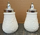Vintage 1970's? Floral Milk Glass Salt & Pepper Shakers with Silver Metal Tops
