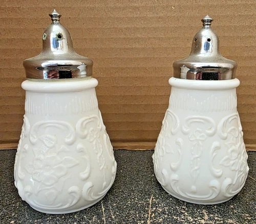 Vintage 1970's? Floral Milk Glass Salt & Pepper Shakers with Silver Metal Tops