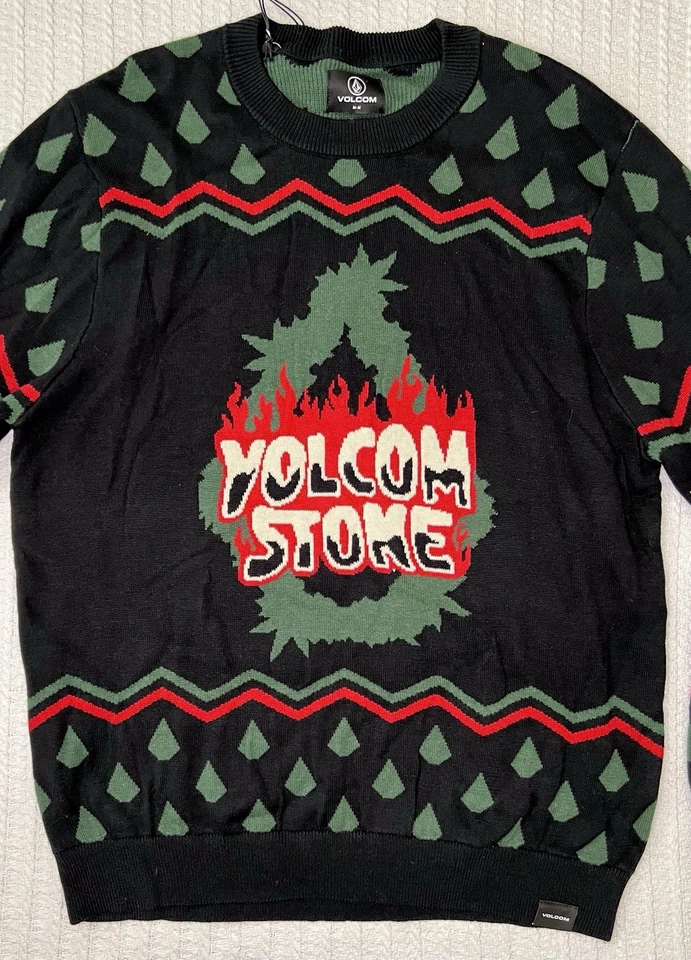 NWT VOLCOM STONE HOLI-DAZED Ugly Christmas Black Sweater Mens MD 21” X 28” - Image 3 of 4