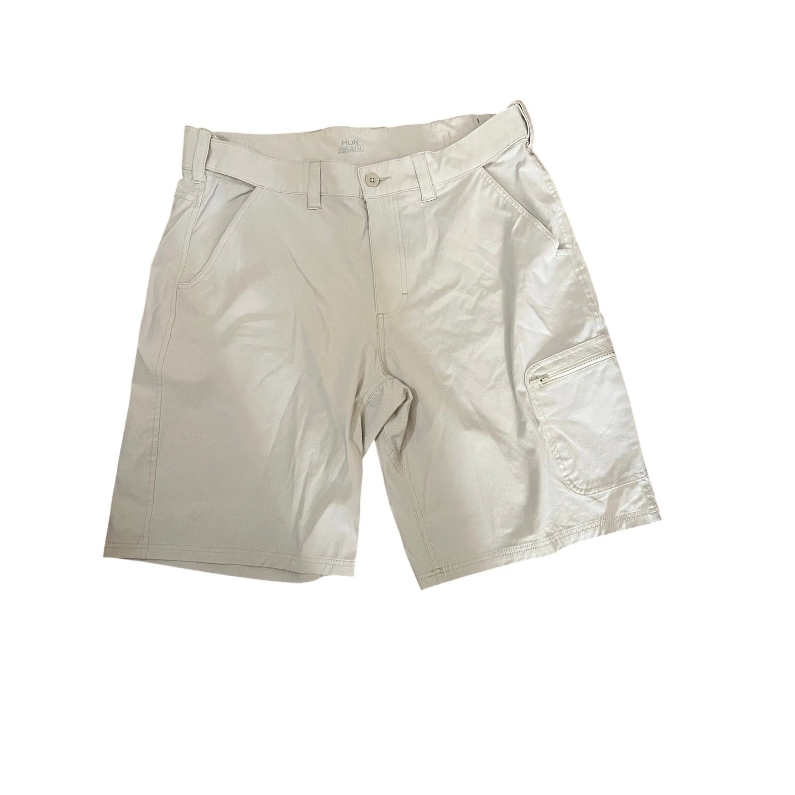 Huk Mens Performance Fishing Shorts Tan Khaki Size XL Cargo Pocket Stretch 10in