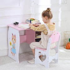 2-Pieces Children's Desk and Chair Set Wooden Kids Study Table Stool w/ Storage