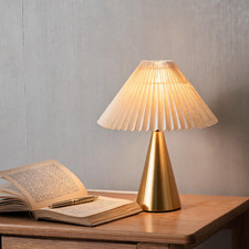 Golden Metal Table Lamp with Pleated Shade for Chic Modern Desk with Open Book