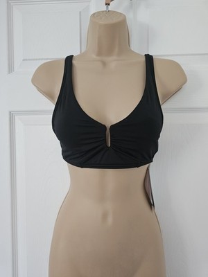 M&S Plunge Bikini Top Non Wired Size 8 Black Removeable Pads UPF50+ BNWT