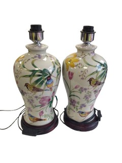 Pair of Ceramic Table Lamp Bases Floral Bird Design Wooden Plinths Untested