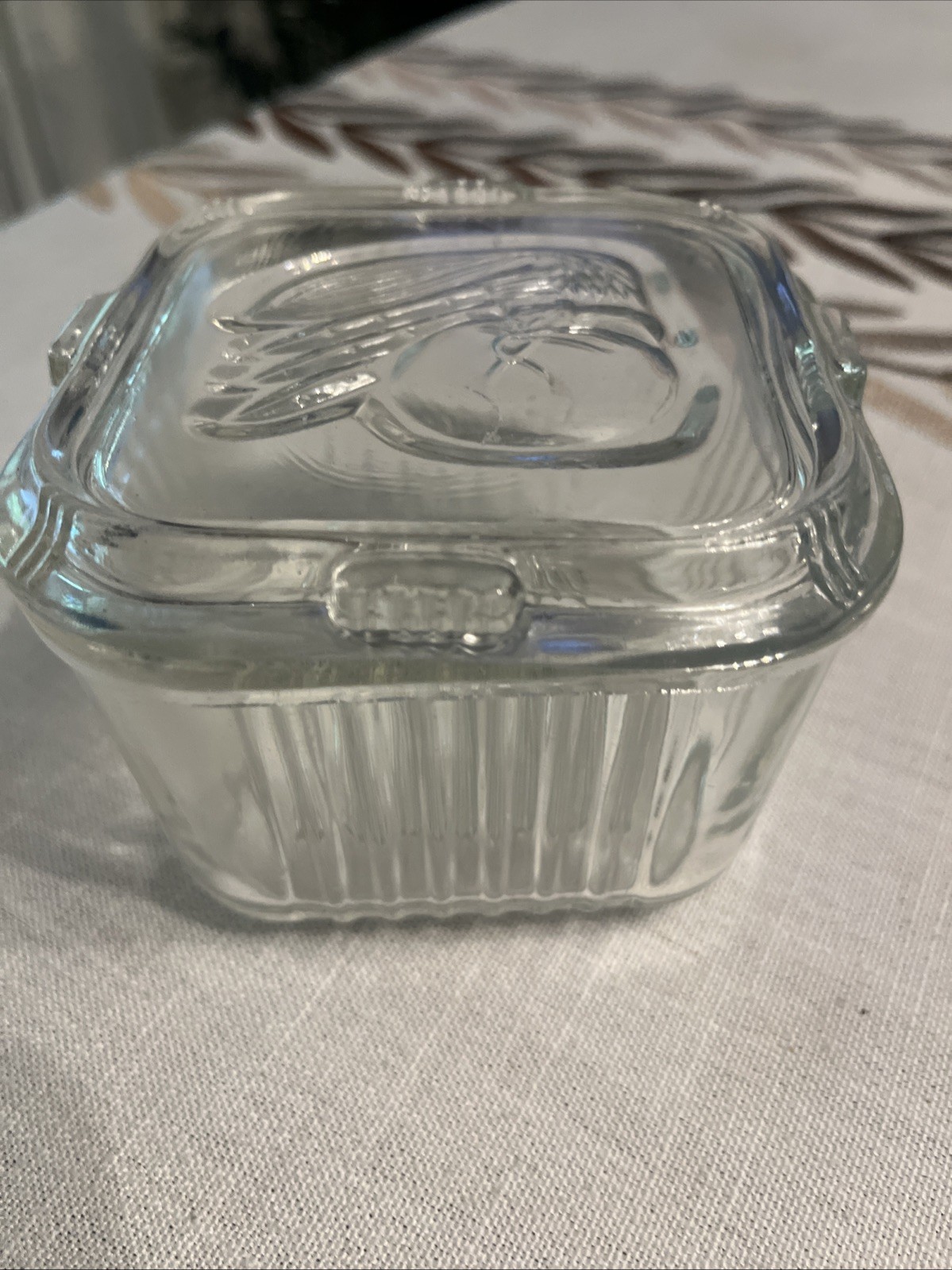 Vintage Federal Refrigerator Clear Glass Dish w/Fruit Embossed Lid Square Ribbed