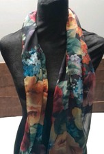 Vintage Scarf Sheer Shawl Neckerchief Black Multi Color Dark Floral Roses 58"