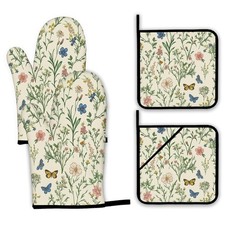 Wildflowers Oven Mitts and Pot Holders,Vintage Garden Plants Herb Flower Bota...