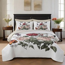 Boho Floral Spring Quilt Set King 3 Pcs Butterfly Rose Flower Bedspread Comfo...