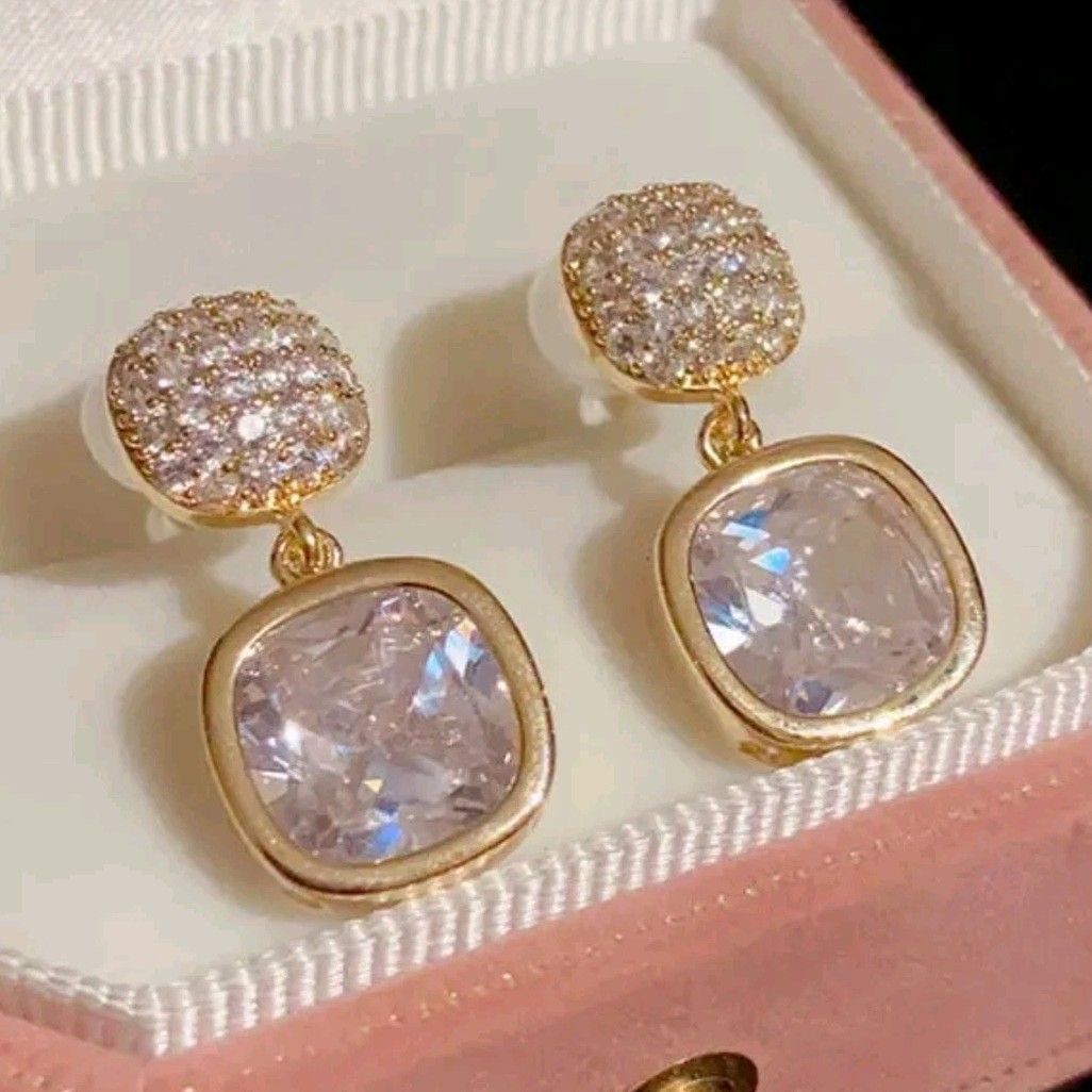 Gold Tone Cushion-Cut Clear Crystal Pavé Bezel Drop Stud Earrings