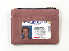 Pink Genuine Leather Change Purse Coin ID Holder Key Ring Card Wallet