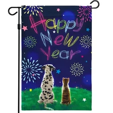 Garden Flag Happy New Year Decoration Dog and Cat Watching Fireworks 12"x18"