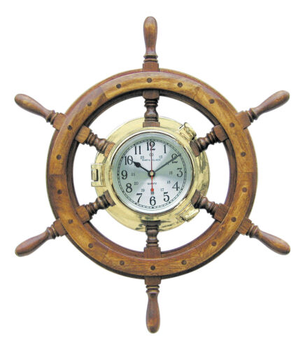 Porthole Clock Large IN Steering Wheel Nautical Wood/Brass Ø=60cm Sea4You