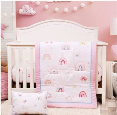 Boho Rainbow, 6 Piece Baby Girl Nursery Bedding Crib Set Pink Reversible Blanket