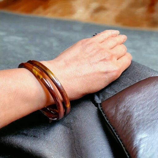 Tortoise Shell Glass Bracelets w AB Metallic Fini… - image 1