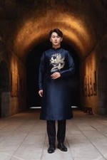 Navy Blue Embroidered Men Ao Dai Long Dress, Ao Dai Chu Re, Ao Dai Nam