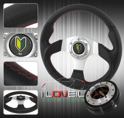 320mm Black Red Stitch Steering Wheel + 1.5'' Quick Release Adapter Kit +Jdm Horn