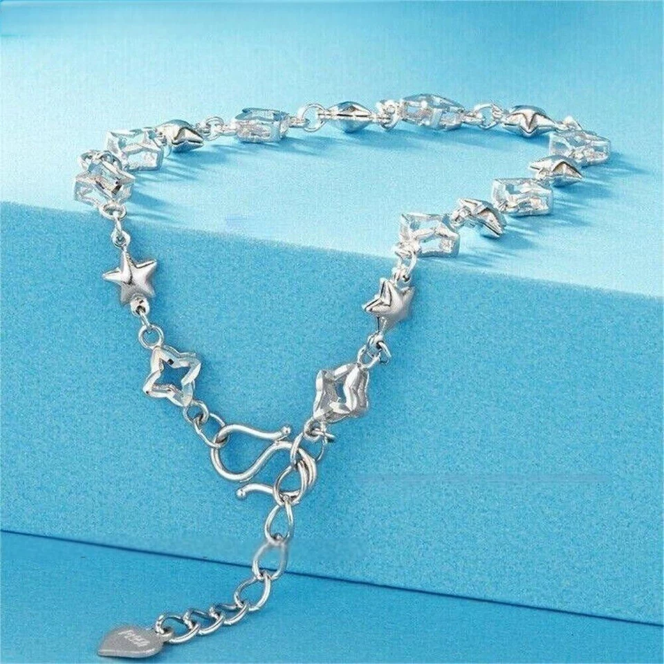 Fine Pt950 Real Platinum 950 For Women Small Five-star Link Bracelet 6.5-7.3inch - Image 2 of 4