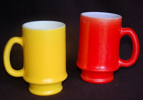 2 Vintage HAZEL ATLAS ~ Ovenware Glass ~ 'Orange Peel' Mugs in Red & Yellow