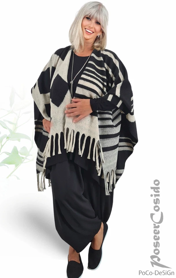 LAGENLOOK Poncho Pullover Überwurf Jacke 42 44 46 48 50 52 54 56 58 schwarz ecru - Bild 4 von 4