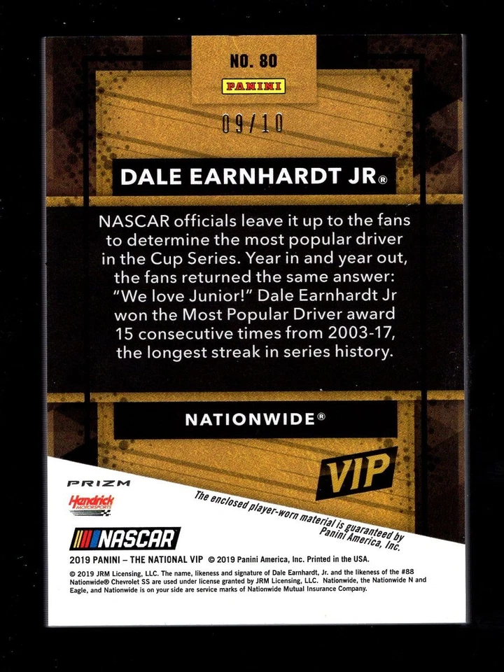 2019 PANINI NATIONAL VIP GREEN SCOPE PRIZM #80 DALE EARNHARDT JR. FIRESUIT 9/10 - Image 2 of 2