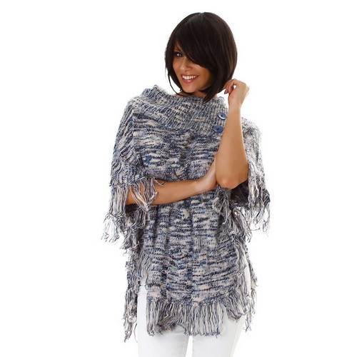 Damen Poncho Pullover warm flauschig weich Fransen Rollkragen Knöpfe 36 38 40 - Bild 10 von 22