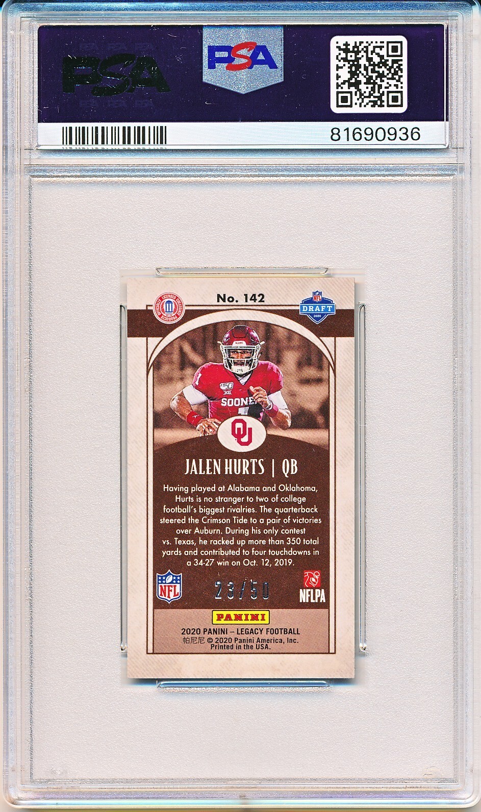 JALEN HURTS 2020 PANINI LEGACY PREMIUM EDITION MINI SAPPHIRE BLUE RC /50 PSA 9 view 2