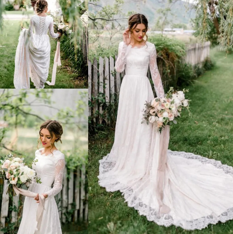 Modest lace Wedding Dresses With Sheer Long Sleeves Round Neck Corset lace- up | eBay Modest lace Wedding Dresses With Sheer Long Sleeves Round Neck Corset lace- up | eBay