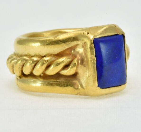 22k Solid Gold Handmade Rectangle Lapis Heavy Ring - image 5