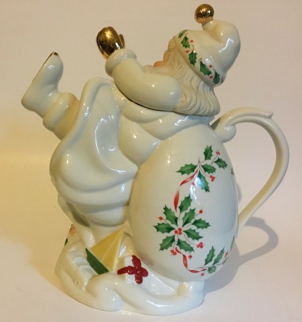Lenox Holiday Santa Teapot White Porcelain Gold Accents Holly eBay
