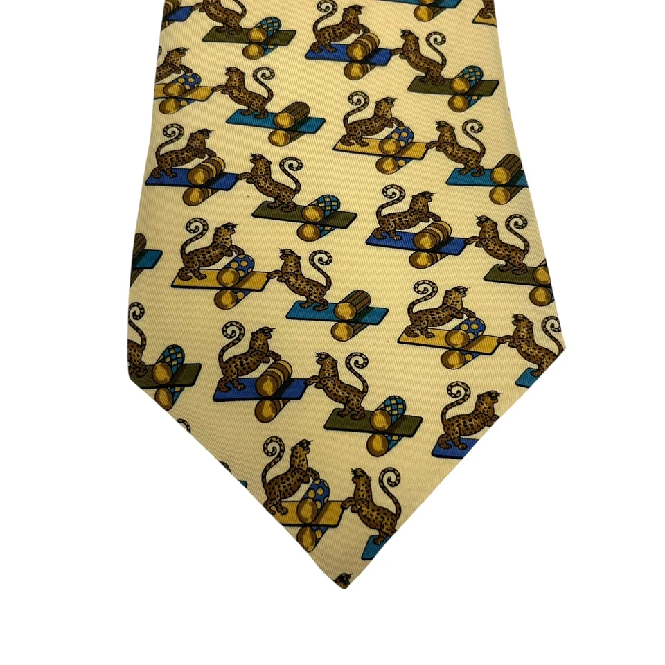 Salvatore Ferragamo Hombre Corbata Leopardo Guepardo Circo Amarillo Seda 3 7/8" x 55.5" Foto 4 de 4