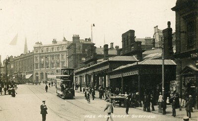 Sheffield beschäftigt animierte High St Szene mit Straßenbahn um 1914
