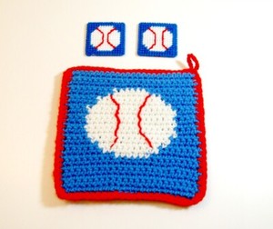 Baseball Theme Potholder & Two Baseball Magnets. Kitchen Decor. 3-Piece Set