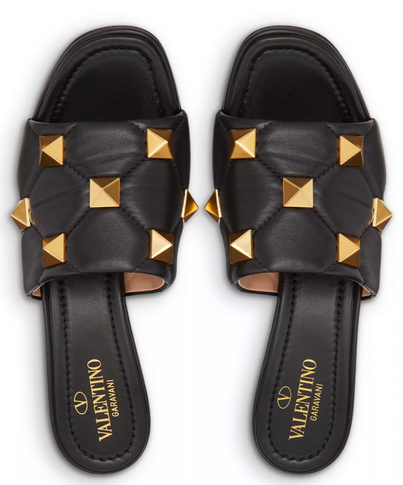 Valentino Garavani Black Platform Roman Stud Slide Sandals  Valentino Black Leather Slide Sandals with Gold Pyramid Studs display picture 1