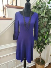 Nine West Women's Solid Blue Cotton Round Neck Long Sleeve Knee Length Dress M