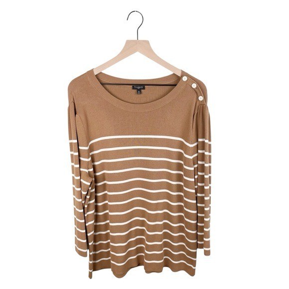 Talbots Button Shoulder Stripe Sweater Women's Size 3X Brown White Cotton Rayon