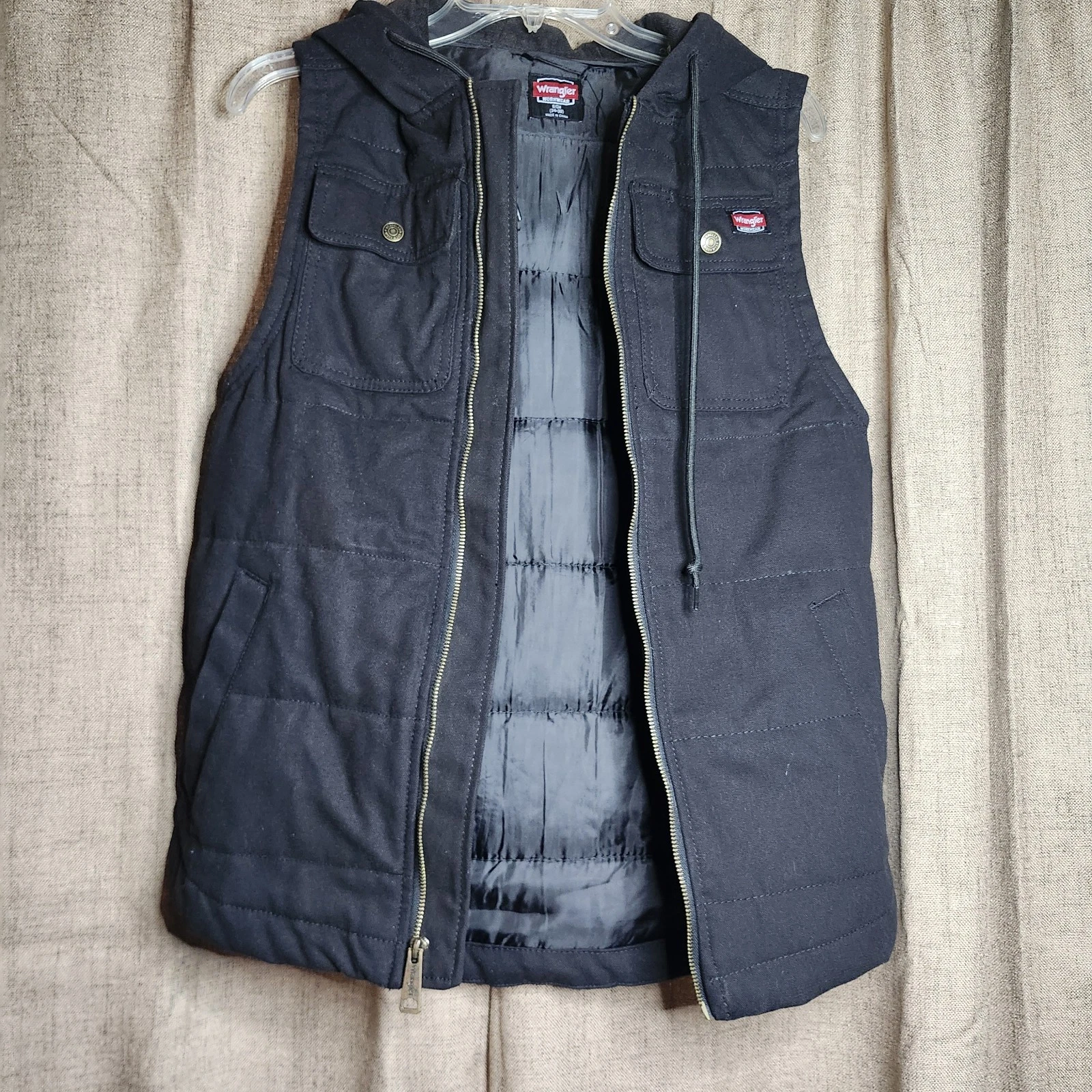 Wrangler Workwear Vest Mens 34-36 Black Hooded Canvas Quilted Utility Zip Jacket