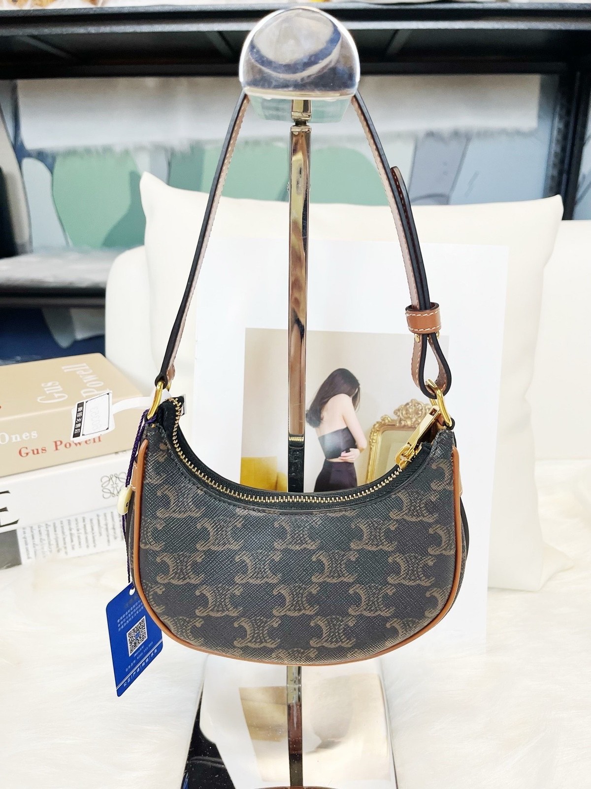 CELINE AVA Triomphe Mini Black Brown Coated Canvas Underarm Bag Duty Paid